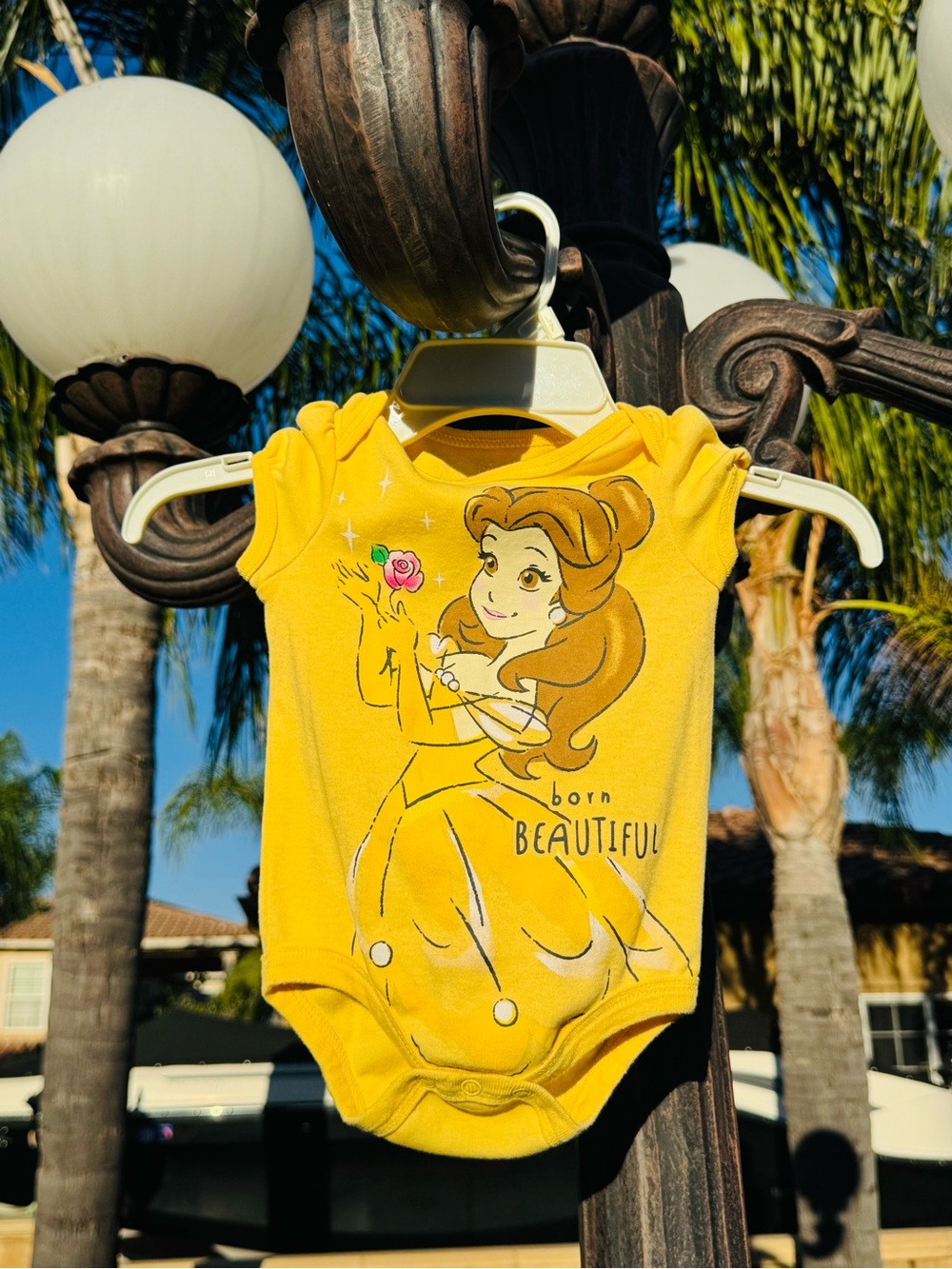 Disney Yellow Belle Baby Onesie with Rose Graphic